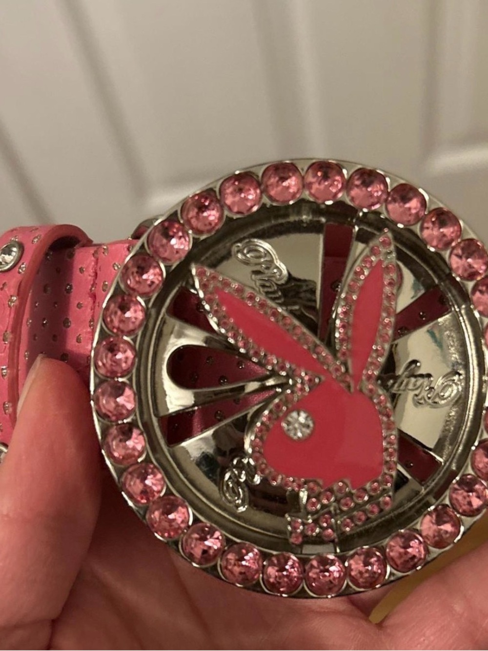 PLAYBOY Pink Crystal Bunny Belt Buckle with Rhinestone Border